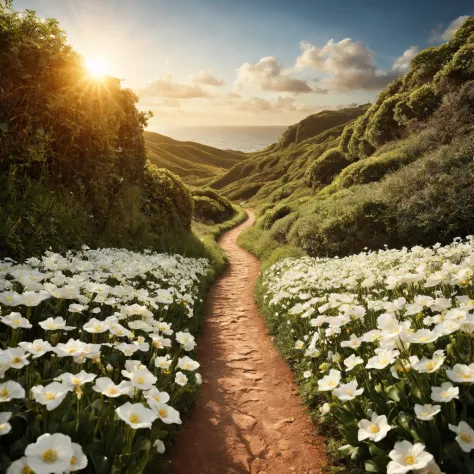 一片white flowers海，e o sol brilhava intensamente，the light from the back window is backlighted，octano, heaven, paisagem, 1girl "ka...