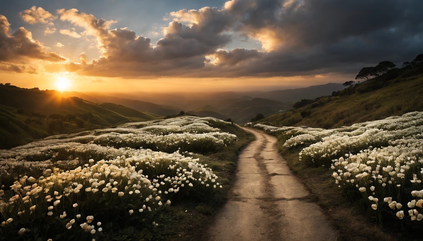 一片white flowers海，e o sol brilhava intensamente，The light from the back window is backlighted，Octano, heaven, Paisagem, 1girl "Kate Beckinsale", Existe um caminho no meio do mar de flores，there is space between，There is a path in the center of the screen，The path leads to the distance，Quase real e muito virtual，FLORES brancas，There&#39;uma estrada no meio que leva para longe，the setting sun，变得 and the sun shone brightly，rico em detalhes，fotorrealista，Realismo，4K分辨率，textura rica，The painting style is smooth