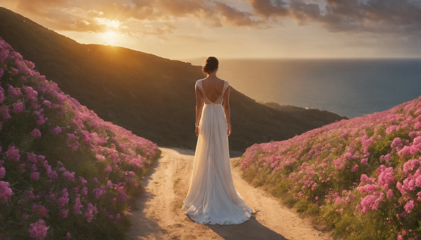 Octano, heaven, Paisagem, 1girl "Gal Gadot", perto de FLORES brancas，e o sol brilhava intensamente，The light from the back window is backlighted, Existe um caminho no meio do mar de flores，there is space between，There is a path in the center of the screen，The path leads to the distance，Quase real e muito virtual，FLORES brancas，There&#39;uma estrada no meio que leva para longe，the setting sun，变得 and the sun shone brightly，rico em detalhes，fotorrealista，Realismo，4K分辨率，textura rica，The painting style is smooth