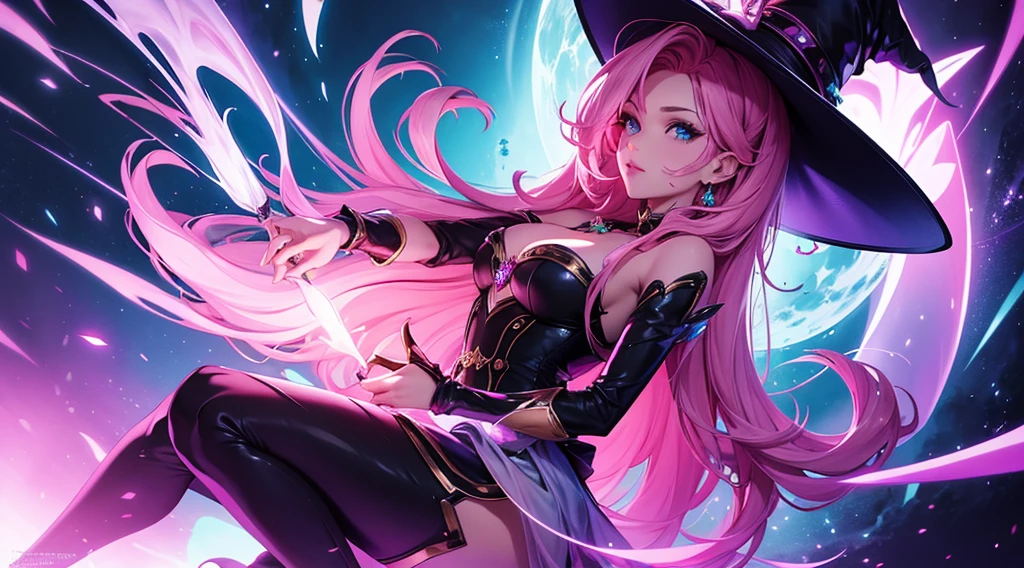 seraphine1, league of legends, pink hair, risque pose, cleavage, digital illustration, vibrant colors, soft lighting, glowing effects, perfect face, glowing effects, absurdres, ultrasharp, 8K, long hair, witch, witch hat, witch broom, cat, magic powers