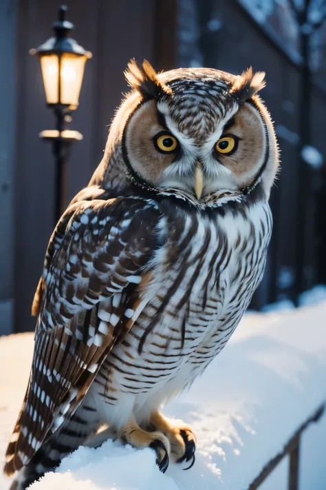 Highly detailed image of a owl, sitting on a snowy ledge, nostalgic light