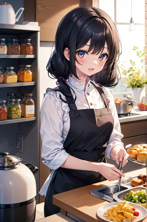 Girl cooking in kitchen,black hair girl,poneyTail,Wearing an apron,Smile with open mouth,take care of my boyfriend,refrigerator in the background,High quality,in 8K,sharp
