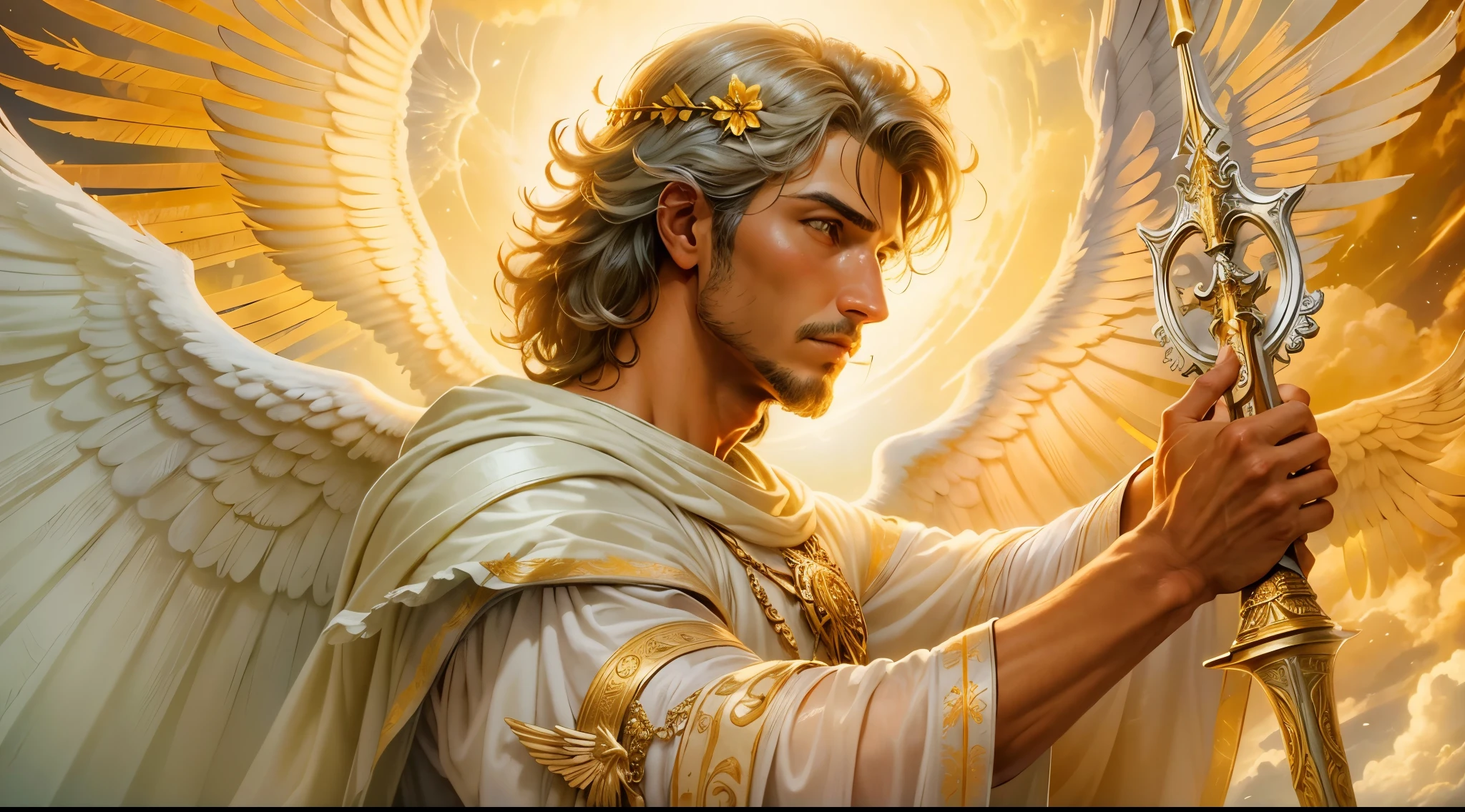 Крупный план изображения человека-ангела с большим и длинным мечом с атакующей позицией в правой руке., в другой левой руке держит весы, Ангел в костюме римского солдата смотрит на землю, человек-архангел с большими крыльями, ангел удачи, идеальный, реалистичный, Библейская обстановка, Обстановка библейского рая, ультра реалистичное солнце и облака, цветы и свечи, светящийся архангел небесный, яркие цветы, зажженные свечи, белая и красная одежда, Свечи накаливания