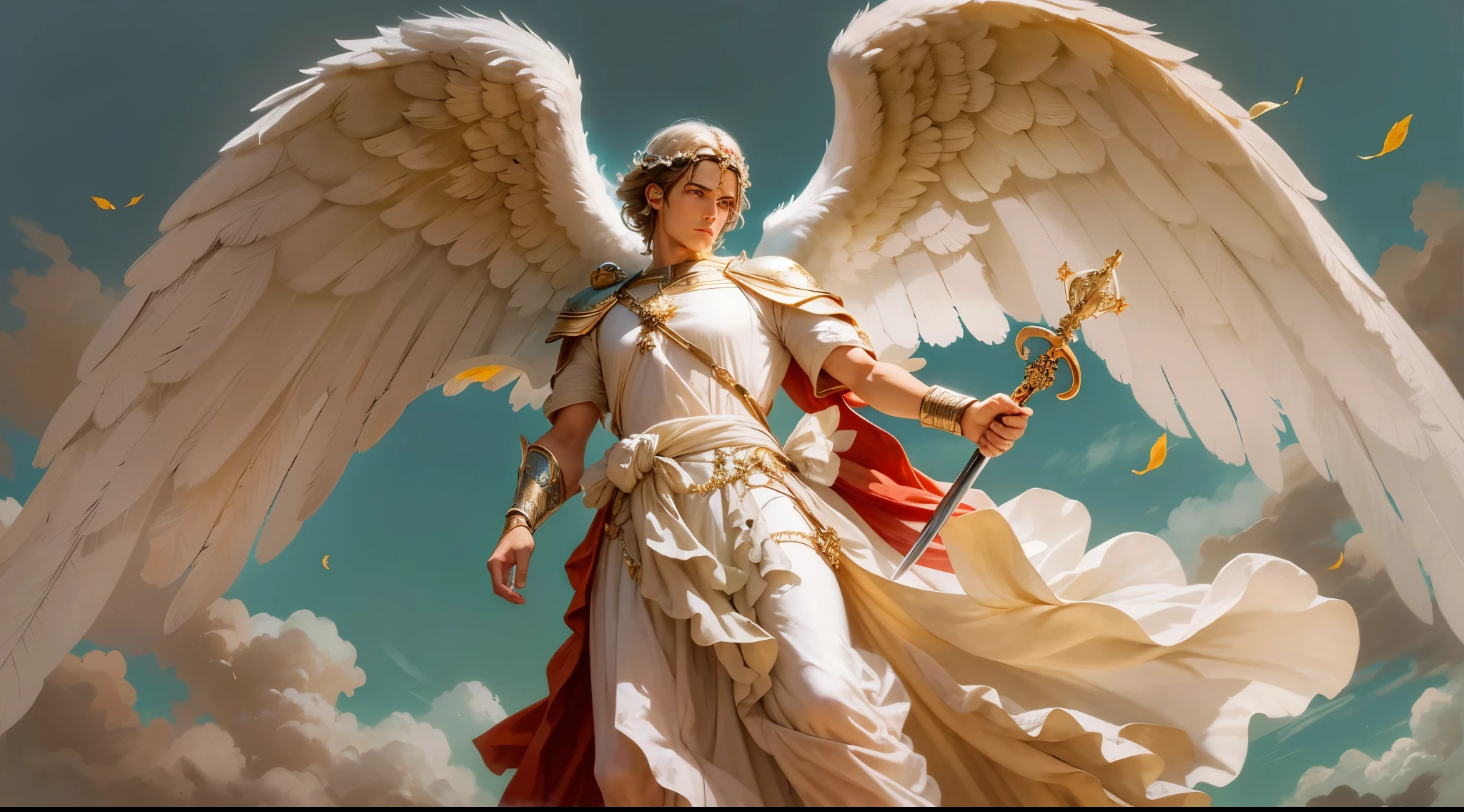 特写：一个男人天使拿着一把又大又长的剑，右手拿着攻击位置, 另一只左手拿着秤, 天使装扮成罗马士兵，看着地面, 长着大翅膀的大天使, 幸运天使, 完美的, 实际的, 圣经背景, 圣经中的天堂背景, 超现实的太阳和云彩, 鲜花和蜡烛, 照亮天堂的大天使, 七彩花朵, 点燃蜡烛, 白色和红色的衣服, 电热塞