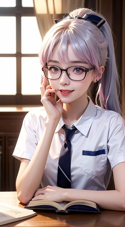Best quality at best，tmasterpiece，Extremely Delicately Beautiful，The content is very detailed，CG，gatherings，8k wallpaper，An Astonishing，depth of fields，1 little Chinese girl，12 year old Chinese ，Very cute look，delicate skin，Flawless Face，plain face，white color hair，mid - length hair，high ponytails，Striped hair, There are two strands of white hair on both sides of the ears，Wear pink hair accessories，The color of the eyes is blue，Elaborate Eyes，Wear thin-rimmed glasses）, Eyes sparkle，thinking face, Smiling （Wear a ，white short sleeve）, sitting down, Learn，intermittently, lying on the table, get a pencil, opened book, glass of milk, table light, intermittently, in library, wall decorate, Mini library, glass window, wall clock, intermittently, light, realistically, tmasterpiece, Best quality, Complex CG, The face is very detailed, High detail eyes