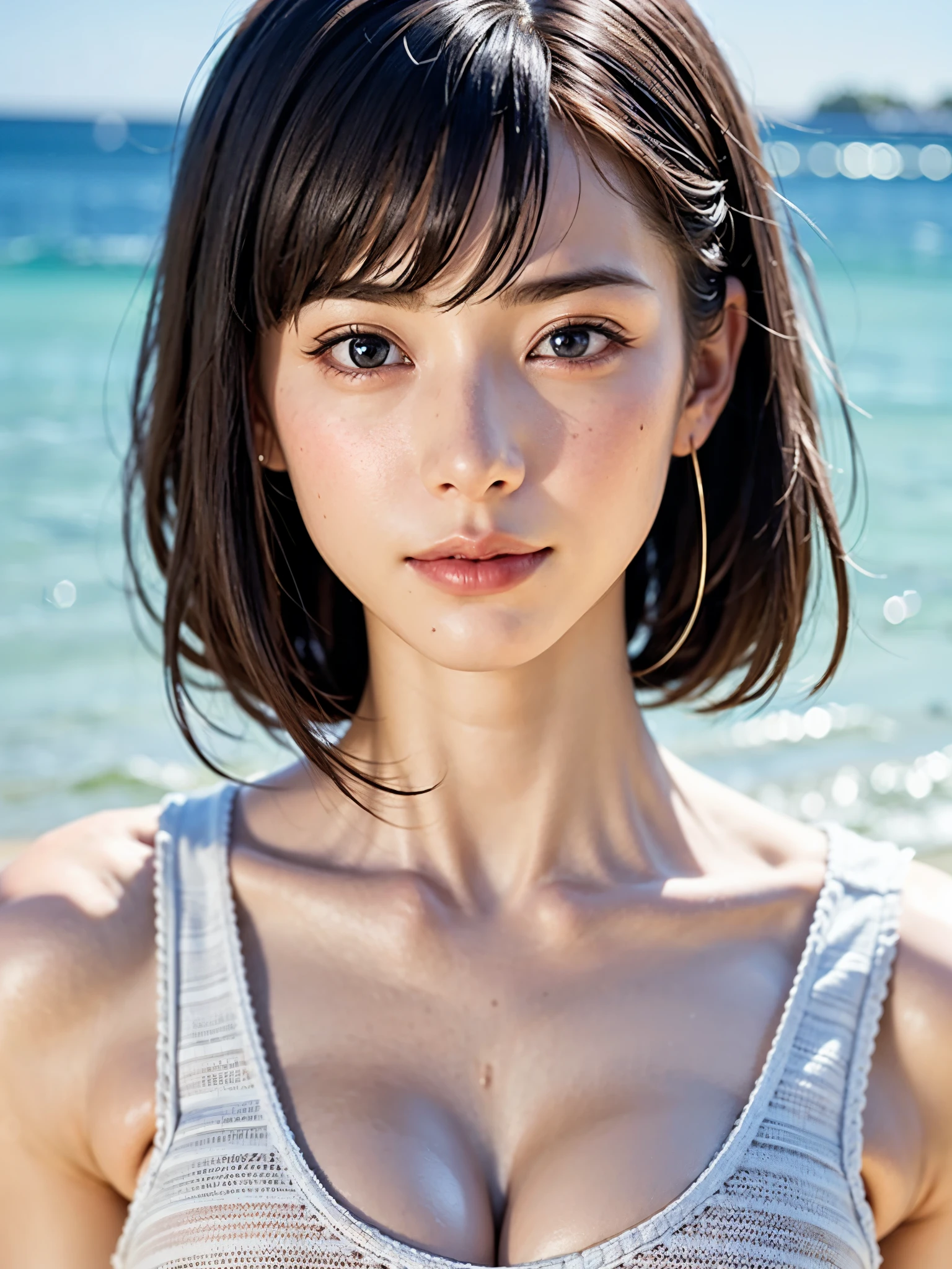 女の子1人、top-quality、realisitic、report、depth of fields、natural soft light、during daytime、魅惑的、beauitful face、Cleanliness、Pure face、de pele branca、cute hawk hair、bangss、the beach、rays of sunshine、Nedium Breast Body Esbian、((Beautiful face with sweater golden ratio Beautiful face with symmetry))、long neck、Put your ears out、bangssのあるきれいな短いボブヘア、Smile with your mouth closed:1.4、Smile with your mouth closed:1.4、perfect hand指、perfect hand、Perfect body、face perfect、Shine a light into the eyes、Perfect Anatomy:1.4、very cute super model:1.4