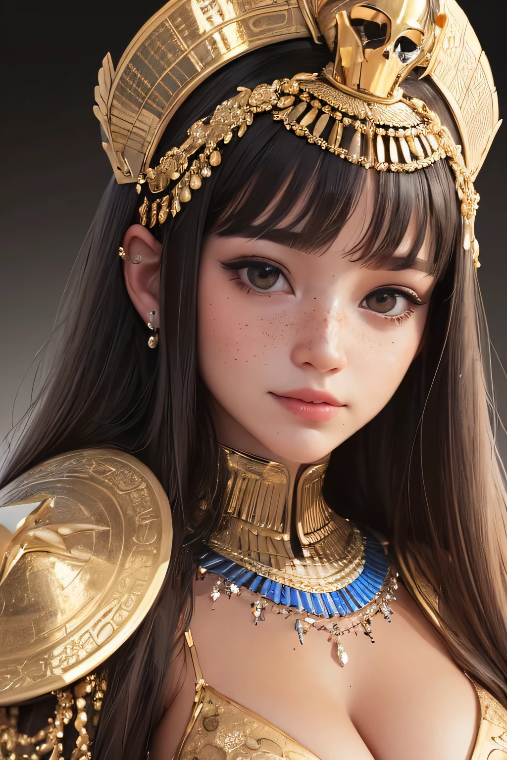cleopatrah, the Queen of Egito, ((fully body: 1,2)), ((detailed light skin: 1,2)), (extremely beautiful and detailed face: 1,2), (symmetrical face: 1,2) , (ultra detailed skin: 1.2), wearing cleotrah&#39;s golden helmet, jewelry and gold, high resolution, master part, perfect lighting, flowers, natta, tenebrosa, Cinematic lighting, slightly elevated twilight, grown-up, perfect  skin, Woman , Looking at Viewer, portraite, upperbody, plain  background, ((Egito:1,2)), black backdrop, (RSEEmma:1.5), (Kale:1.2), Kale, breastsout, niplles, parted bangs, freckles, detailed hair, lookin, sorrido,