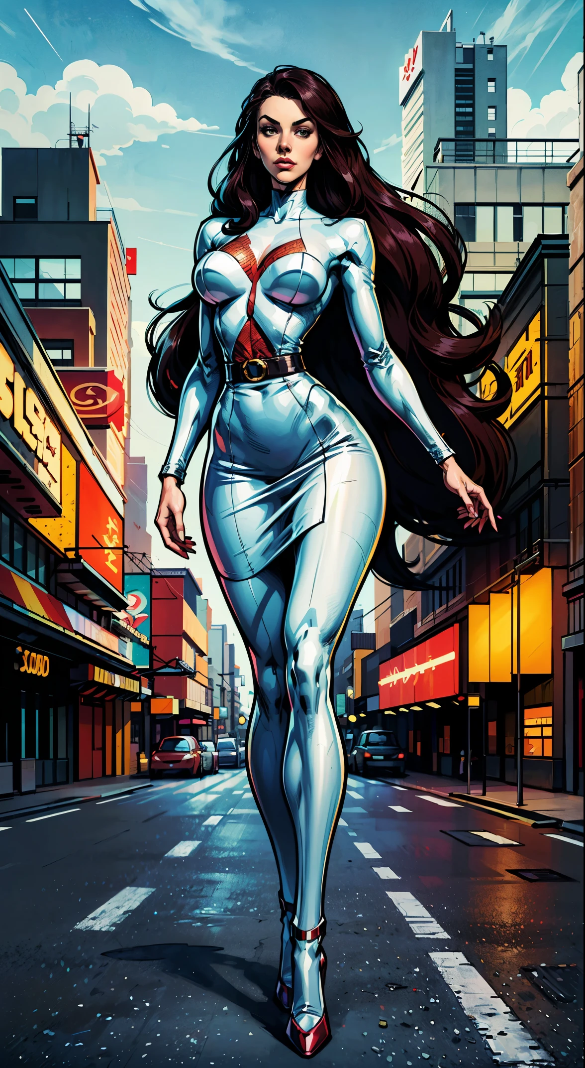 Detailed realistic digital fixed 3d illustration, Bill Wilder comics style from the 50s, beautiful 3 women, (((oversized sharp bust, perfect face,))) super ultra-thin waist, super long legs, Super hourglass body, colored tight skirt, long hair, Walking around the city in the 50s