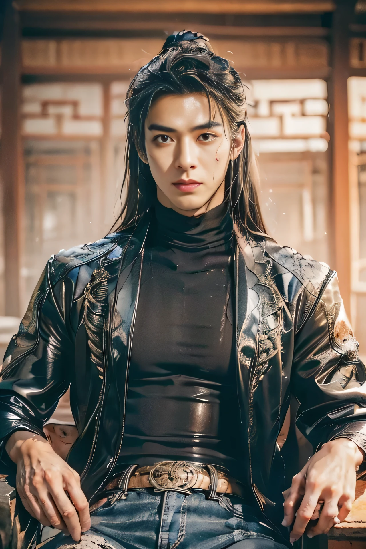 A 21-year-old Asian man，Thick eyebrows, handsome face，Men's full body ，the background is an ancient Chinese town，full moon，Pavilions and arch bridges，The limbs have pronounced muscle lines，high-definition photography，Real-world scenarios，Lots of detail, wearing black leather jacket, black jeans, black turtleneck shirt, magic, ((messy long hair)), looking at viewer, devilish gaze at viewer