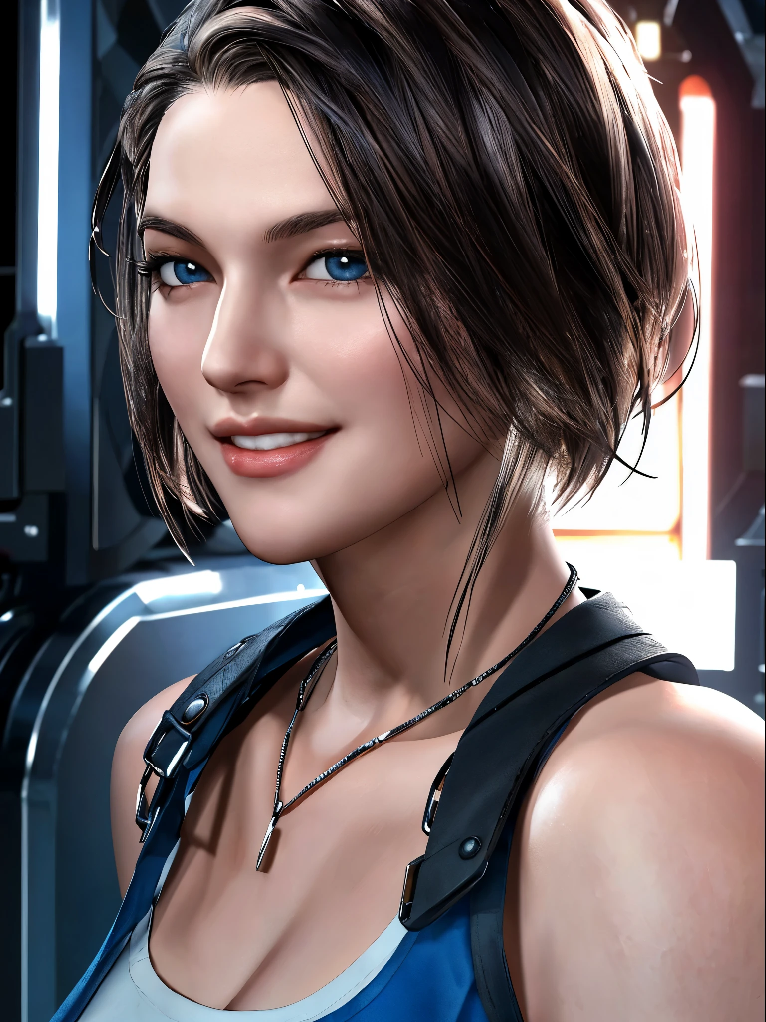 Jill Valentine, portrait,  smiling, (8k, RAW photo, best quality, masterpiece:1.2),ultra-detailed, (high detailed skin:1.2), 8k uhd, dslr, soft lighting, high quality,