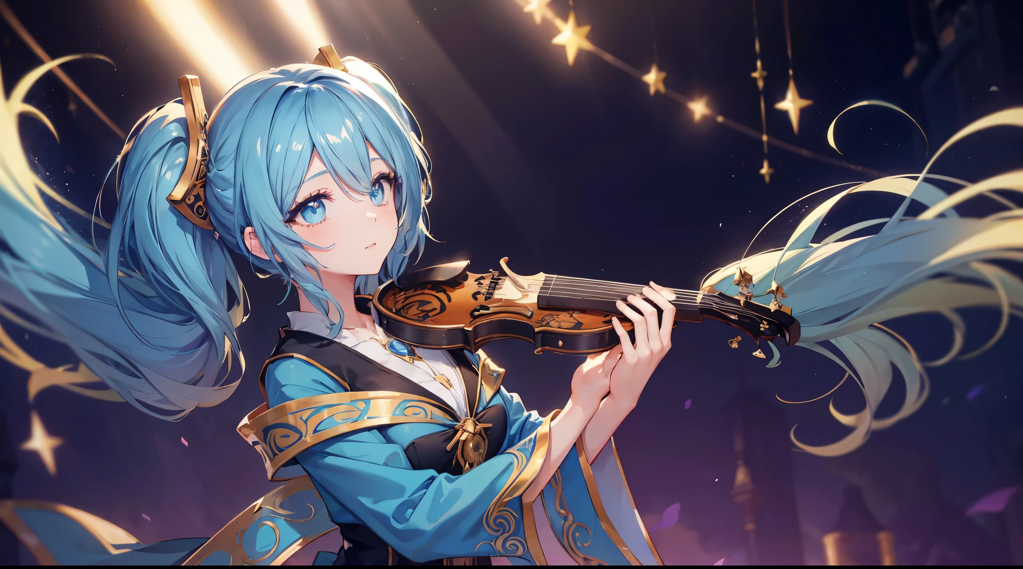 a anime girl playing her instrument on stage filled with dreamy stars and beautiful lights, ((4k, masterpiece, top-quality)),8k, best quality, high resolution, HD, unity 8k wallpaper, (illustration:0.8), (beautiful detailed eyes:1.6), extremely detailed face, perfect lighting, extremely detailed CG, (perfect hands, perfect anatomy), super complex details, intricate details, long hair, bangs, 1 girl, (((solo)))sona \(league of legends\), blue hair, blue eyes, blue dress, gradient hair, twintails, hair ornament, instrument, stage, (((pian)))