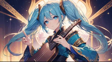 a anime girl playing her instrument on stage filled with dreamy stars and beautiful lights, ((4k, masterpiece, top-quality)),8k,...