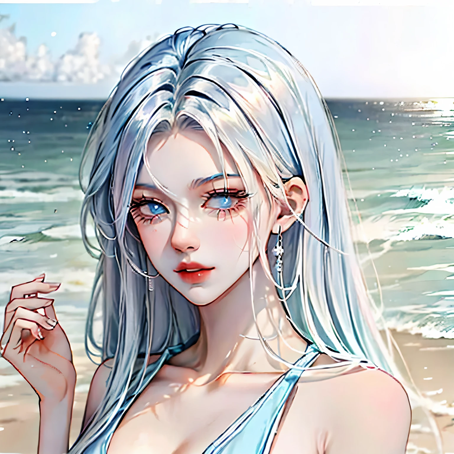 Blue hair, blue eye, not wearing shirt, not wearing pants, cute - SeaArt AI