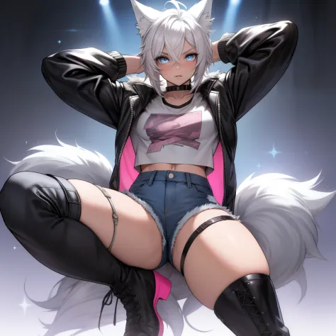 Single boy, Anime Femboy, Short, Long white hair, wolf ears, wolf tail, blue eyes, wearing short denim shorts, wearing combat boots, wearing thigh high fishnets, wearing fur lined open pink jacket, flat chest, super flat chest, wearing cropped t-shirt, sol...