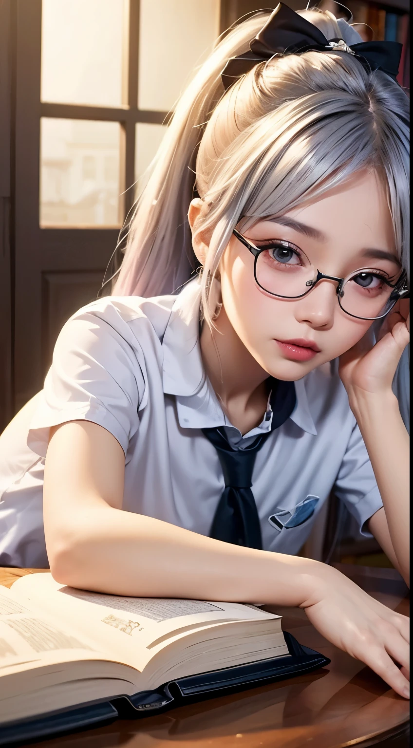 Best quality at best at best，tmasterpiece，Extremely Delicately Beautiful，The content is very detailed，CG，gatherings，8k wallpaper，An Astonishing，depth of fields，1 little Chinese girl，10 year old Chinese ，Very cute look，delicate skin，Flawless Face，plain face，white color hair，Long gray hair，high ponytails，There are two strands of white hair on both sides of the ears，Wear pink hair accessories，Eye color is sky blue，Elaborate Eyes，Wear topless half-rim glasses, sparkle in eyes，confusion face,  （Wear a ，white short sleeve）, sitting down, Learn，intermittently, lying on the table, get a pencil, opened book, glass of milk, table light, intermittently, natta，In the library, Wall decoration, Mini library, glass window, wall clock, intermittently, light, realistically, tmasterpiece, Best quality at best, Complex CG, The face is very detailed, High detail eyes