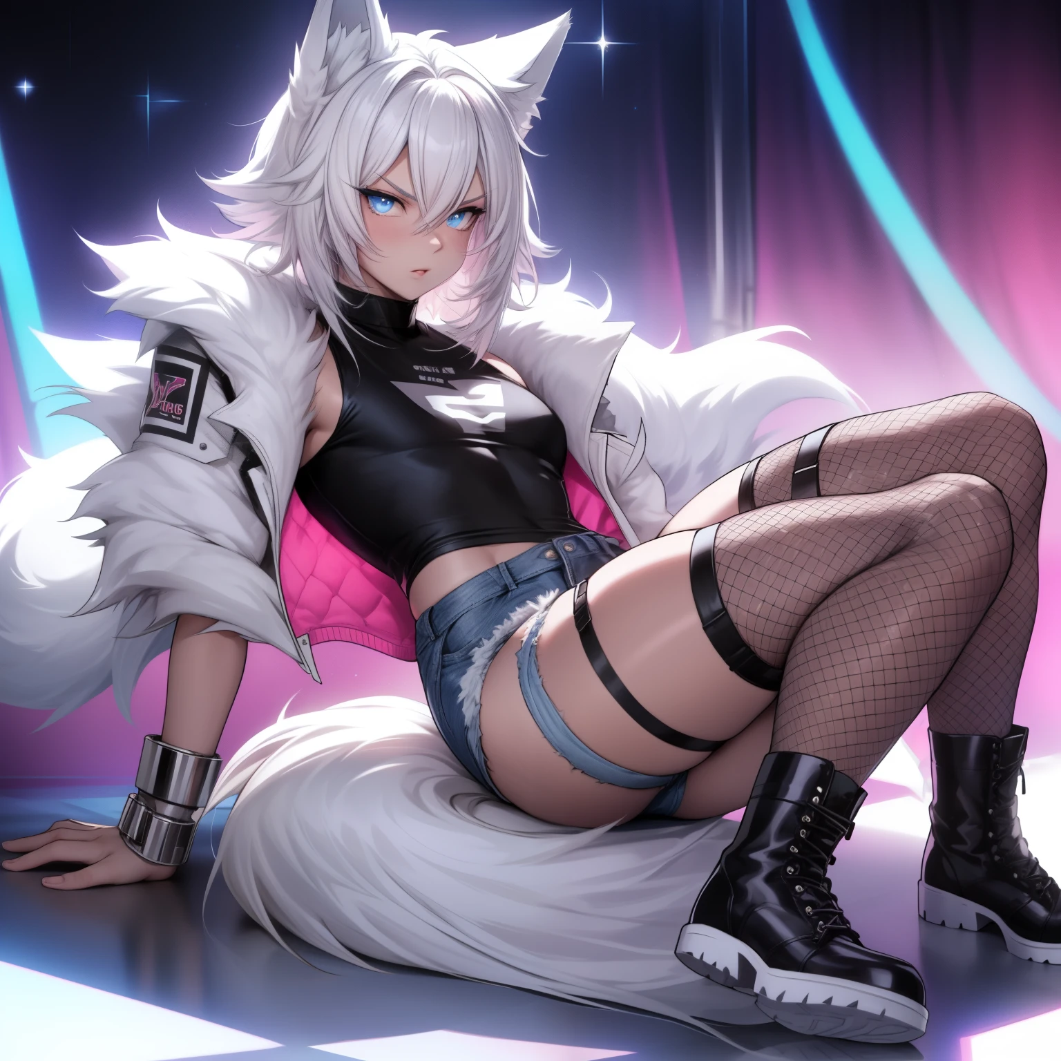 Garçon célibataire, Anime Femboy, court, longs cheveux blancs, oreilles de loup, queue de loup, yeux bleus, porter un short en jean court, porter des bottes de combat, porter des résilles à hauteur de cuisse, porter une veste rose ouverte doublée de fourrure, poitrine plate, super poitrine plate, porter un t-shirt court, seulement femboy, un seul garçon ((poitrine plate)) seulement, seul, (seulement)(seul) Cuisses épaisses, Hanches larges, yeux bleus, yeux parfaits, visage parfait, lèvres boudeuses, heureux, courbée, sparkly yeux bleus,