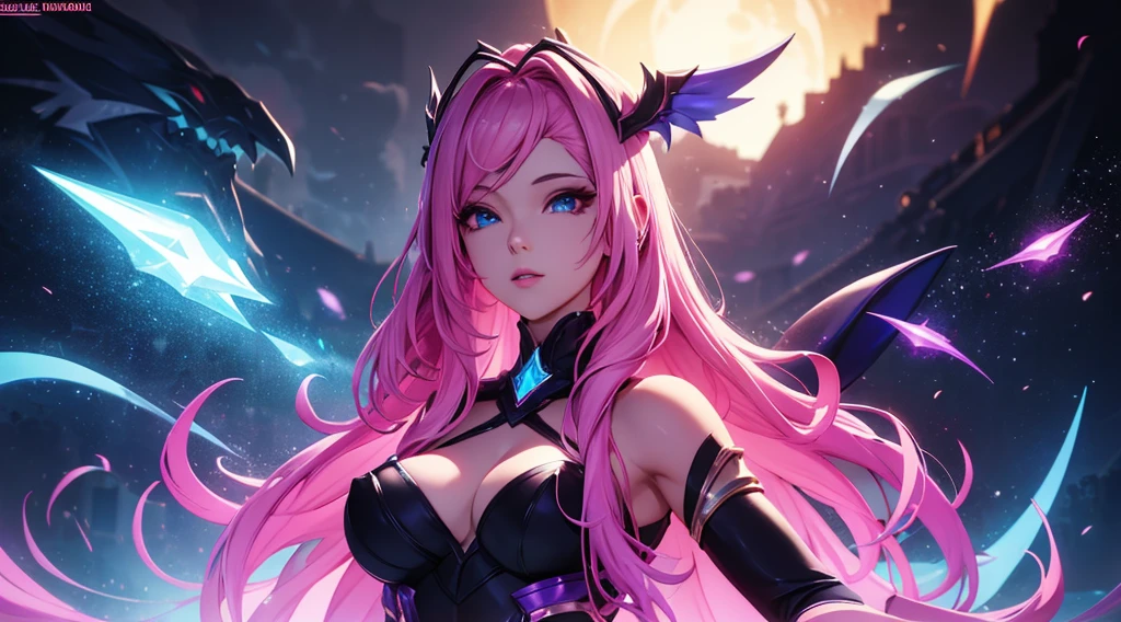 seraphine1, league of legends, pink hair, cleavage, digital illustration, vibrant colors, soft lighting, glowing effects, perfect face, glowing effects, absurdres, ultrasharp, 8K, long hair, black long dress, long veil, sythe pose, necromancer, purple effects