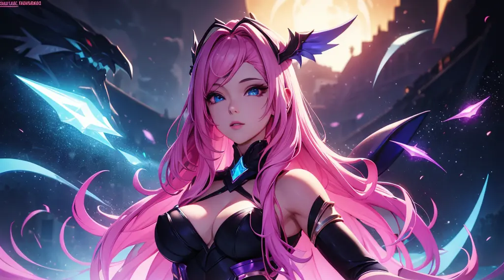 seraphine1, league of legends, pink hair, cleavage, digital illustration, vibrant colors, soft lighting, glowing effects, perfec...