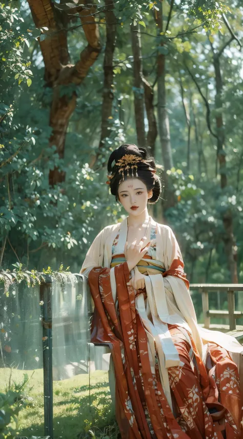 1 woman，In the shade of the trees，Take a fan，Wearing green Hanfu，laid back