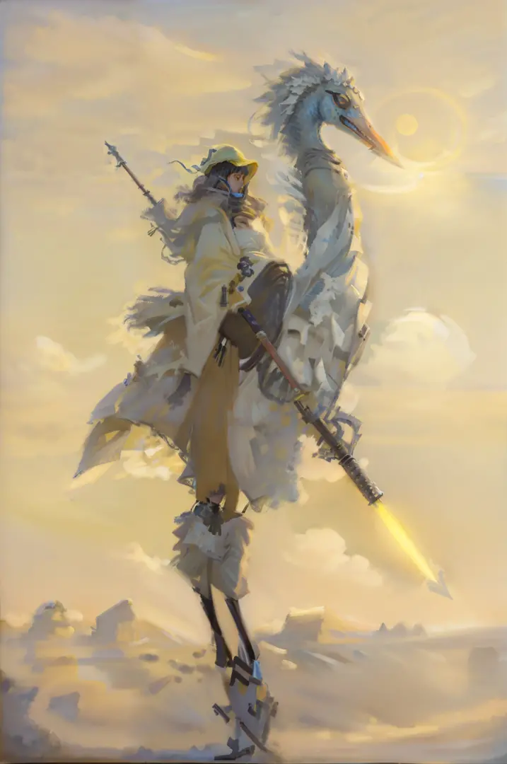 A man wrapped in a long dusy dull yellow robe wearing grey nonreflective goggles he holds a extreme long spire sword rifle combi...