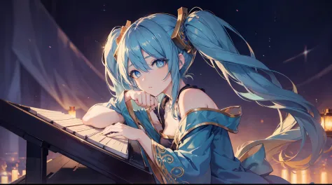 a anime girl playing her piano on a stage filled with dreamy stars and beautiful lights, ((4k, masterpiece, top-quality)),8k, be...