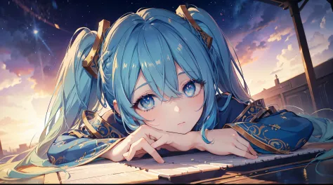 a anime girl playing her piano on a stage filled with dreamy stars and beautiful lights, ((4k, masterpiece, top-quality)),8k, be...