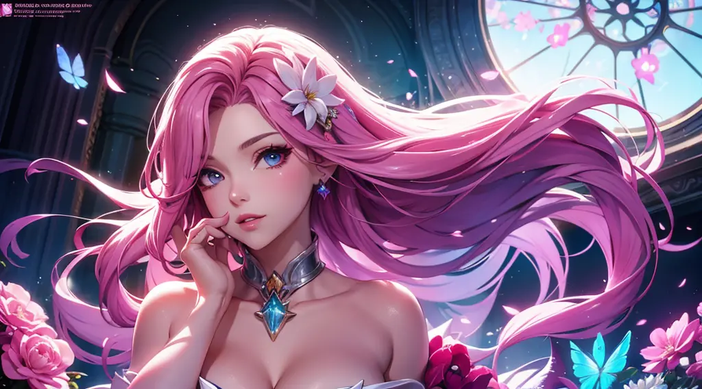 seraphine1, league of legends, pink hair, cleavage, digital illustration, vibrant colors, soft lighting, glowing effects, perfec...