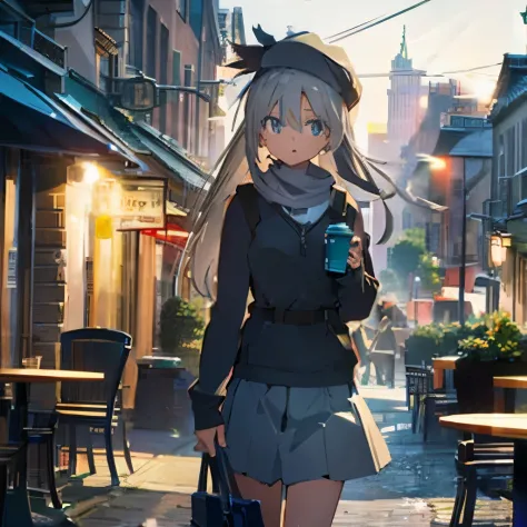 masterpiece, high quality, best quality, beautiful, hd, perfect lighting, detailed face, detailed body, 1 girl, solo, (long gray hair), brown eyes, medium breasts, ((white underwear)), ((short gray skirt)), (gray hat), in front of a cafe,