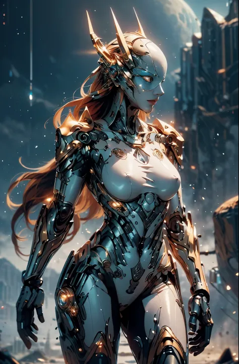 intricate ornate anime cgi style, super detailed fantasy characters, 4K highly detailed digital art, karol bak uhd, cyborg goddess in cosmos, beautiful digital works of art, 2. 5 d cgi anime fantasy artwork, Goddess. extremely high detail, portrait of cyborg queen, extremely detailed goddess shot, Half body machine, Inorganic, Next generation high performance cyborg, Goddess of Machines, The perfect cyborg, ultimate replicant, A masterpiece created by ultra-high performance AI, Final weapon, Best Quality, Perfect Angle, perfect-composition, sharp outline, Best Shots, perfect shapes, perfect model style, Very beautiful and detailed eyes, Hollow eyes, blue eyes without pupils