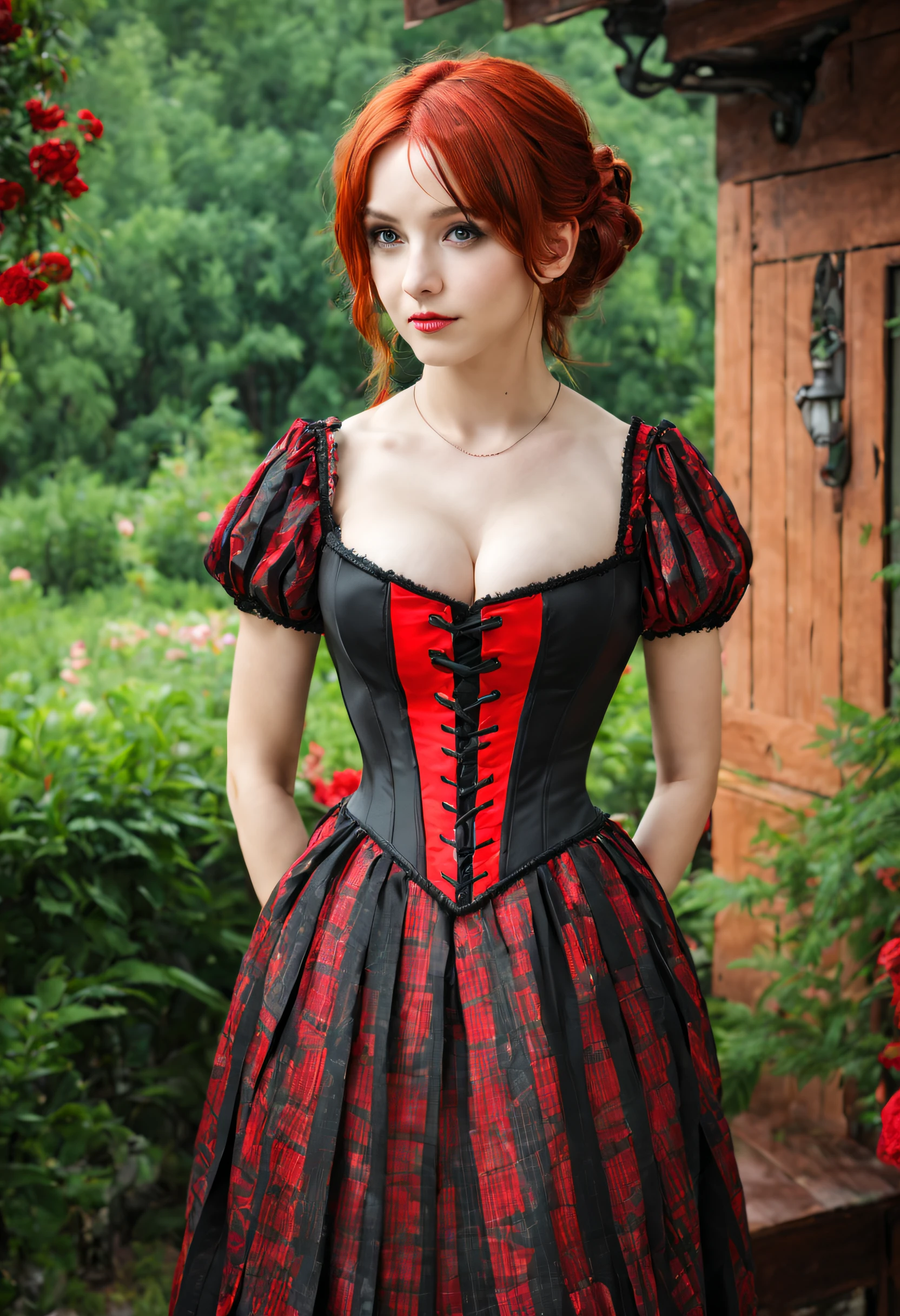 beautiful 20 year old, red hair, green eyes, enormous , black and red corset, background is a Victorian era bedroom overlooking a flower garden.