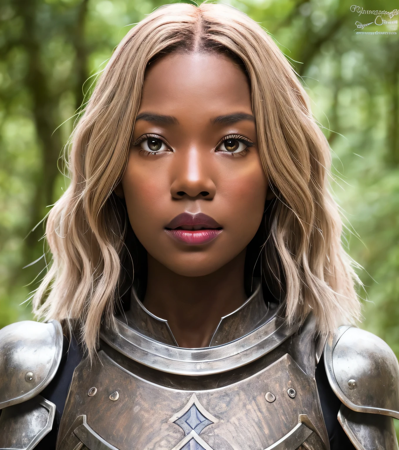 ((1Menina afro-americana de pele morena)), Paladin of Middle-earth, usando armadura de guerra, espada encantada e um escudo poderoso, armadura de detalhe, armadura enferrujada, Cota de malha, Rainha Tiara, alto, delgado, heart-shaped face, blonde hair, lindos olhos lavanda, Nariz curto, thin lips, queixo redondo, cabelo na altura dos ombros, cabelos ondulados, franja contundente, seios grandes, Batom de cetim rosa, uma floresta, com rios fluindo, (Close-up:1), (Olhe para o Visualizador),8k, (best quality:1.2), (master part:1.37), (fotografia,fotorrealista:1.37), (ultra-high resolution), fotografado por Canan EOS R6, 135 mm, 1/1/2.8, Certificado ISO 400