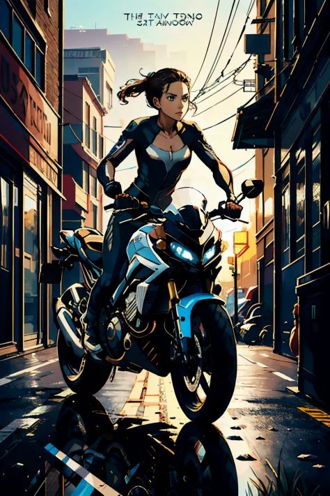 girl riding sportbike, movie poster,(by Artist Carrie Ann Baade:1.3)