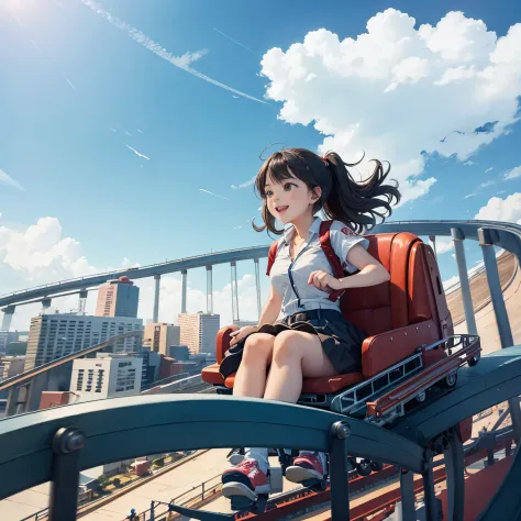 girl riding a roller coaster、roller coaster rail