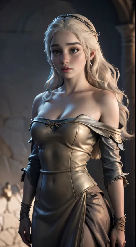 Best quality, masterpiece, ultra high res, (photorealistic:1.4), raw photo, Daenerys, off shoulder, cinematic lighting