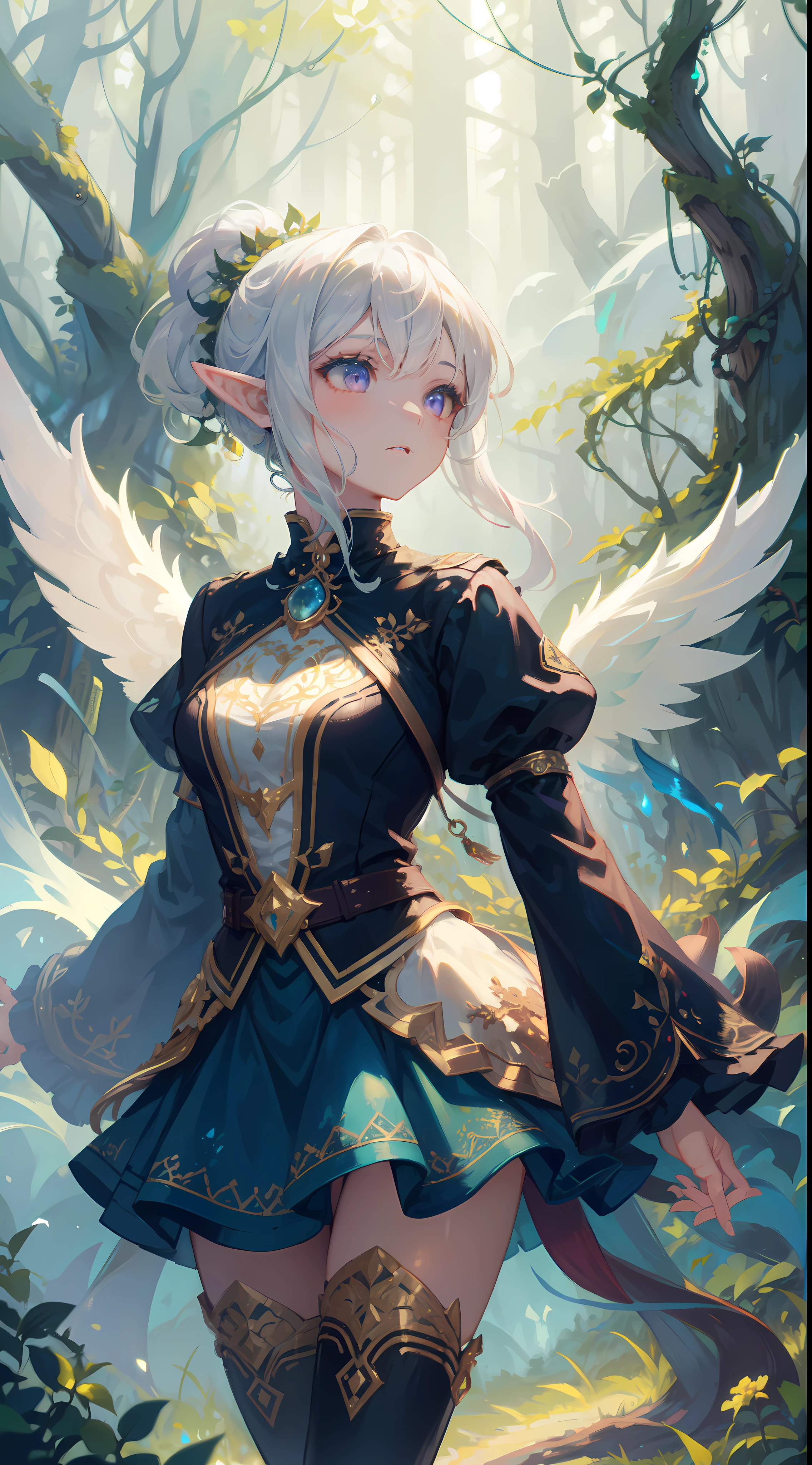 ((masterpiece, best quality)), (Exquisite art style: 1.2 + bright colors: 1.2), (HD wallpaper + ultra-high precision: 1.2), When you think of "elf wings", you will imagine a flowing, elegant elf girl, flying in the air, surrounding the woods and wilderness. Her wings can be white, gold, or silver-gray, shining. She can wear dresses, short skirts or blue silk. Surrounded by trees, flowers and small animals, it  full of nature and magic. The theme "Wings of Elves"  good at depicting brightly colored and detailed dreamy pictures, which lead people's imaginations infinitely to the world of  and fantasy,  BREAK, highly detailed of (elf), (1girl), perfect face,details eye, short hair, low ponytail, Blunt bangs, (hair between eye), white hair, violet eyes, fantasy art by Artgerm, by Kawacy, by Wadim kashin, BREAK, extremely detailed, dynamic angle, cowboyshot, the most beautiful form of chaos, elegant, a brutalist designed, vivid colours, romanticism, BREAK, eyelashes, eyeshadow, pink eyeshadow