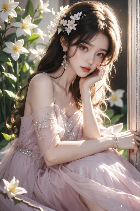 dress, One hand resting on his lips、头发周围有白色butterflys兰，Lilac dendrobium、orange lily、white lilies、1 girl in、Full body photo、White hair、floated hair、Hazy beauty、Have extremely beautiful facial features、Hairpin on the head、Lie in the flowers、Drag your chin wi...