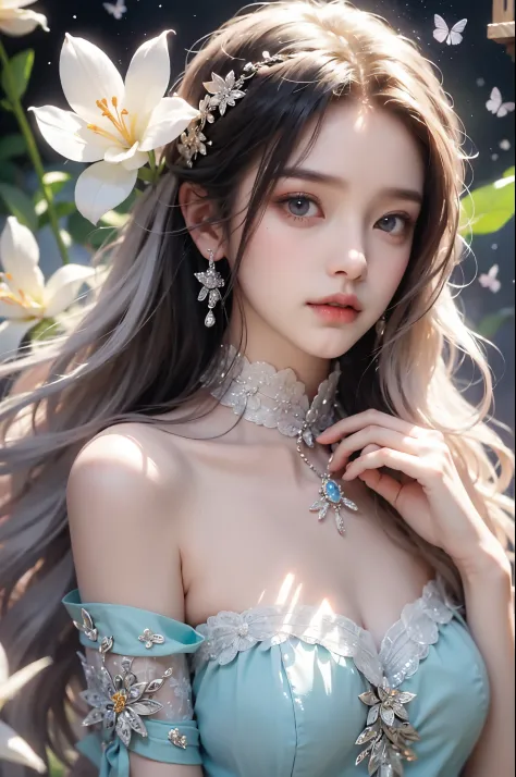 Sweet girl clothes4,strapless dress,jewelry, One hand resting on his lips、周围头发有白butterflys兰，Lilac dendrobium、orange lily、white lilies、1 girl in、fully body photo、White hair、floated hair、Hazy beauty、A plump chest, Chopping, Have extremely beautiful facial fe...