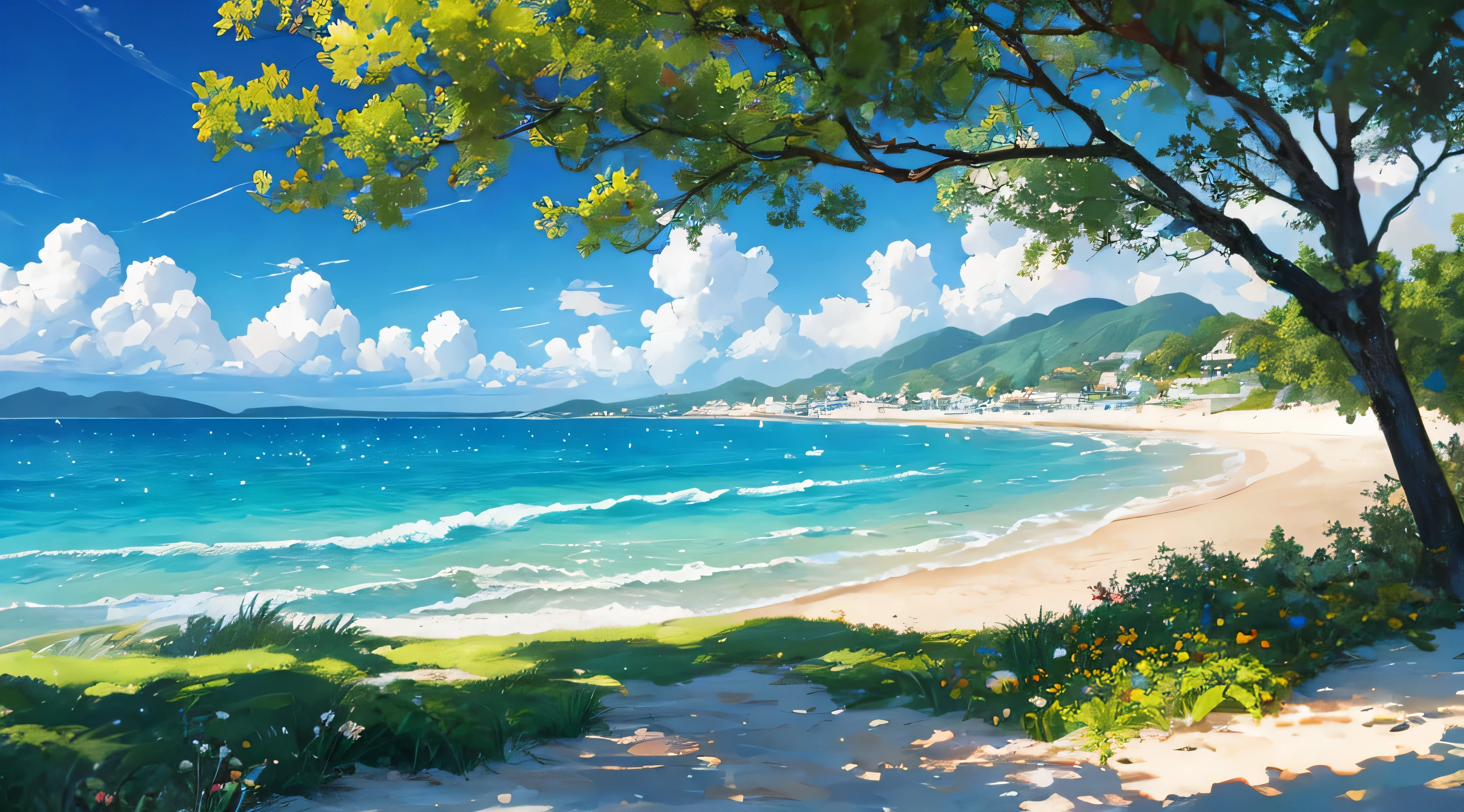 obra maestra，La mejor calidad en el mejor de los casos.，Fondo de pantalla CG unificado 8k muy detallado，Mejor Mejor Ilustración，la mejor sombra，natural，Arena de mar azul，y el sol brillaba intensamente，La línea de visión corre paralela a la playa.：1.15，muchos paraguas，sin humanos