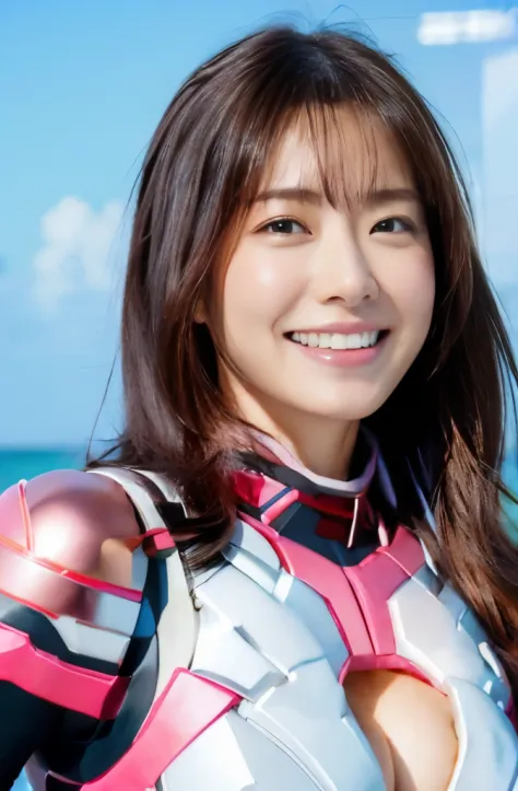 (ultra best quality、8K、masuter piece、delicate illustration)、(Shocking pink and white metallic hero suit with a futuristic fit) 、（Very plump body 1.1、Super Big 1.1）、smiling at the viewer、cleavage of the breast、A dark-haired、the beach、sexypose