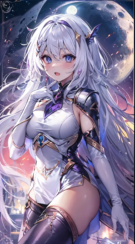 One lady,14years,((White hair) ,((())), ((Normal breasts)), (())(()),(Shiny purple bodysuit with microskirt))),,((Fantasy,Moon Night))(())