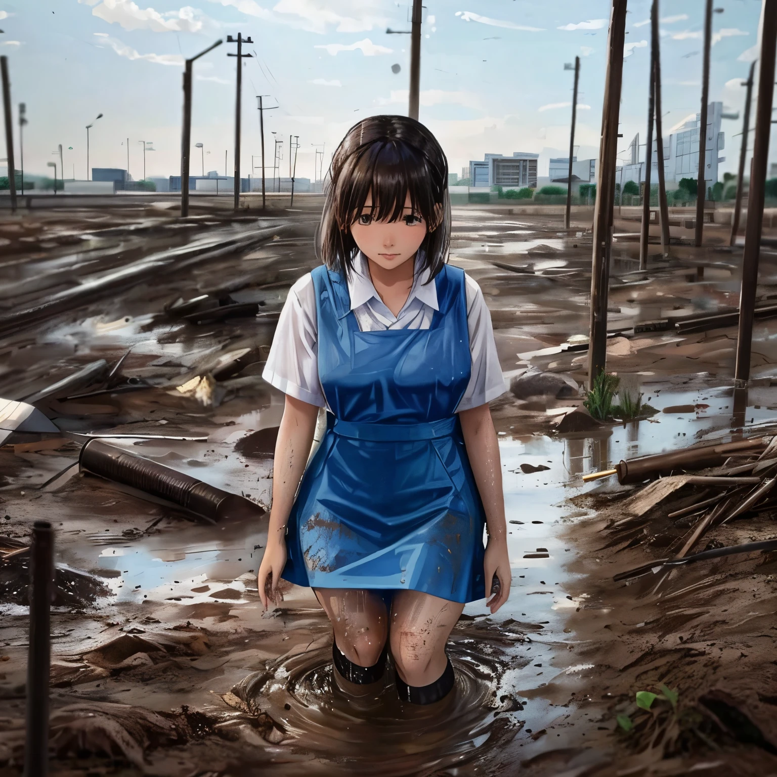 Schoolgirl in Malaysia school uniform (white shirt in blue pinafore) hopeless, getting abandoned in a wasteland , very muddy, mud in all over school uniform