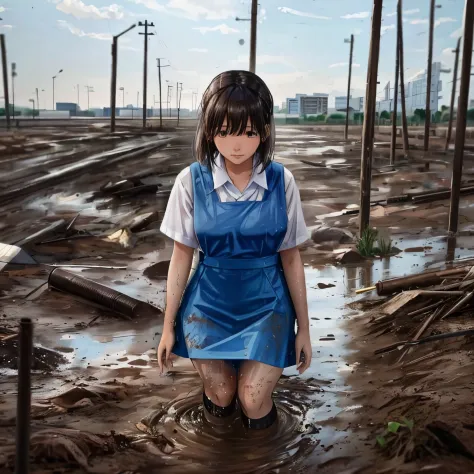 Schoolgirl in Malaysia school uniform (white shirt in blue pinafore) hopeless, getting abandoned in a wasteland , very muddy, mu...