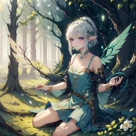 ((masterpiece, best quality)), (Exquisite art style: 1.2 + bright colors: 1.2), (HD wallpaper + ultra-high precision: 1.2), When you think of "elf wings", you will imagine a flowing, elegant elf girl, flying in the air, surrounding the woods and wilderness...