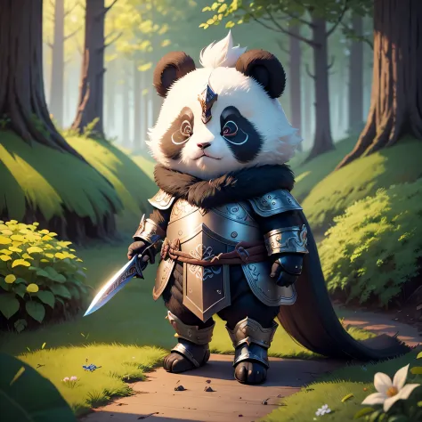 There is a panda，Wearing armor，A long sword in hand，Cut forward，Cute and detailed digital art，lovely digital painting，adorable digital art，cute anthropomorphic bunny，Cute 3d rendering，Lovely detailed artwork，adorable creature，cute character，Cute little animals，cute artwork，Beautiful digital artwork，Dream animal cute eyes，cute forest creature，cute animal，Full body like，There are hands and feet