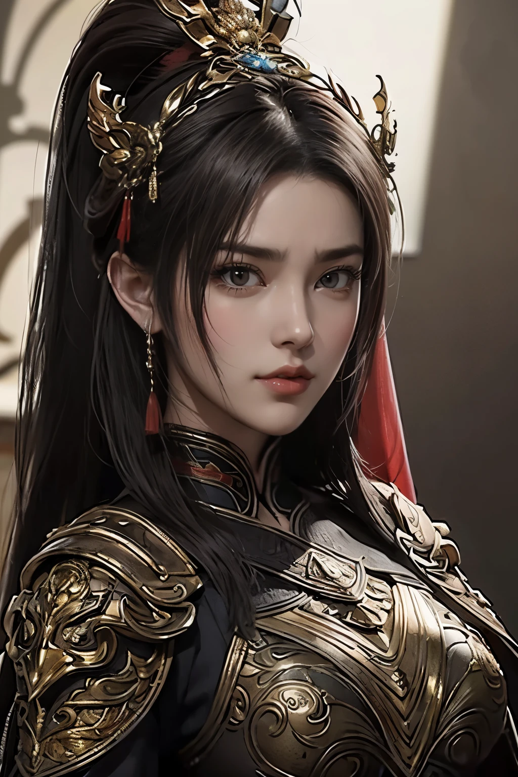 tmasterpiece，Best quality at best，A high resolution，8K，((Portrait))，(Head close-up)，Original photo，real photograph，digital photography，(The ancient Chinese female general in the fantasy world)，(An ancient oriental female general in Chinese armor)，20-year-old girl，Black and red gradient ponytail hairstyle，Red eyelack and red gradient hair，Black-red)，(Big breasts)，An extravagant ornament，cparted lips，Keep your mouth shuegant and charming，((Frown, serious))，haughty contempt，Calm and handsome，(Chinese ancient armor, joint armor, ancient Chinese style, exquisite armor pattern, distinctive badge, red cape)，(Female General)，Photo pose，ancient chinese characterantasy style，Ancient city background，oc render reflection texture