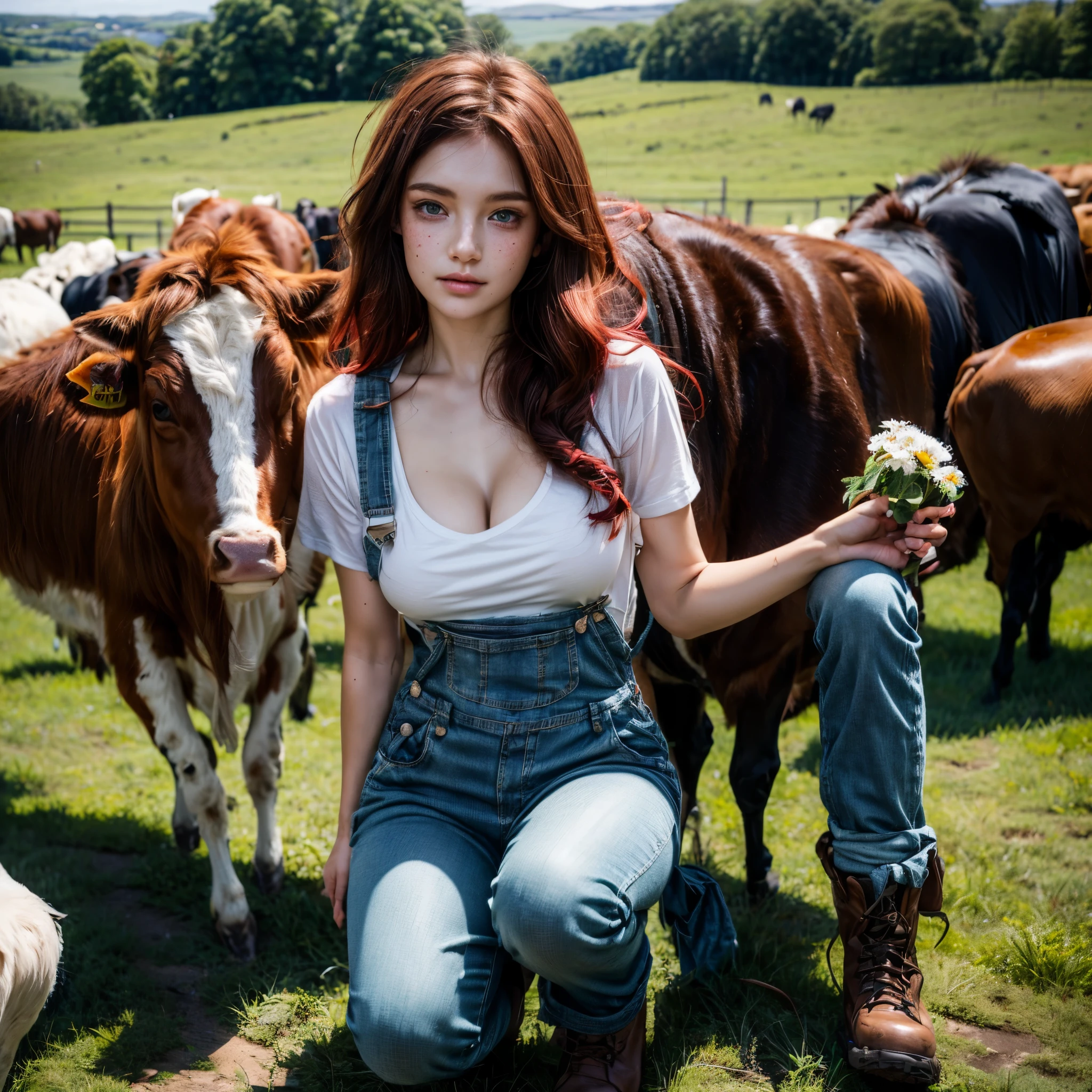 une jeune fille sale et plantureuse (20) Fille irlandaise aux cheveux rouges, yeux verts, taches de rousseur, seins surdimensionnés, petit t-shirt sale, salopette Daisy Duke, et des bottes de travail mi-hautes surveillent un troupeau de bétail dans le pâturage, ferme de campagne