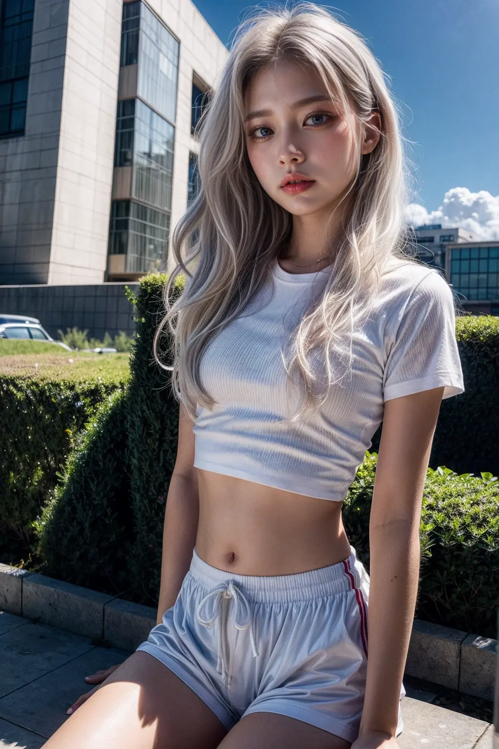 (Masterpiece, realistic, high resolution), (1 girl): 1.2), Korean, ((white wavy hair): 1.3), (heterochromic eyes: 1.1, thick eye...