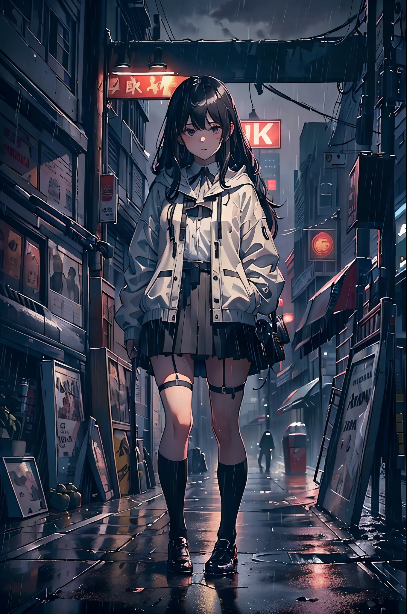 8K，tmasterpiece，Best quality，hyper-detailing，realistically，Extremely detailed face，电影灯光，ray traycing，unlit hair，
On cloudy streets，Corner store，foggy and heavy rain，A black man with long hair and black eyes，girl standing in the middle of the road，She was wearing a black convertible hooded jacket，White color blouse，Short black skirt and black garter belt，student shoes，Clothes soaked by rain，depth of fieldtent ），Cinema lens lighting，