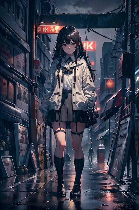 8K，tmasterpiece，Best quality，hyper-detailing，realistically，Extremely detailed face，电影灯光，ray traycing，unlit hair，
On cloudy streets，Corner store，foggy and heavy rain，A black man with long hair and black eyes，girl standing in the middle of the road，She was w...