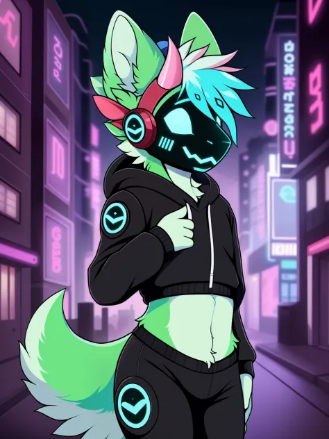 hioshiru, protogen, femboy, girly, blue eyes, white fur, green fur with stripes, wearing a hoodie, in a cyberpunk city, solo, horns,  long blue emo hairstyle on head, multicolored hair